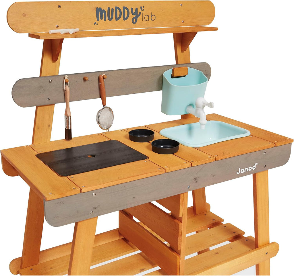 Janod Muddy Lab - Outdoor Sensory Activity Station with Water Play - 37.5' High - Includes 10 Accessories - Ages 3-8 Years - J06632