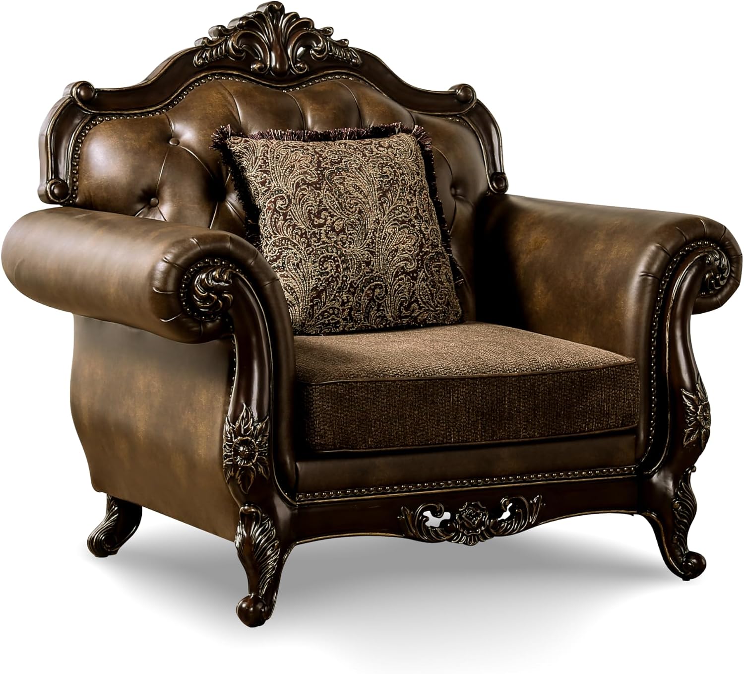 Furniture of America Grant Faux Leather 52-inch 1-Seater Chair with Button Tufted Back and Nailhead Trim, Accent Pillows Included & Carved Details for Living Room, Home Office, Brown