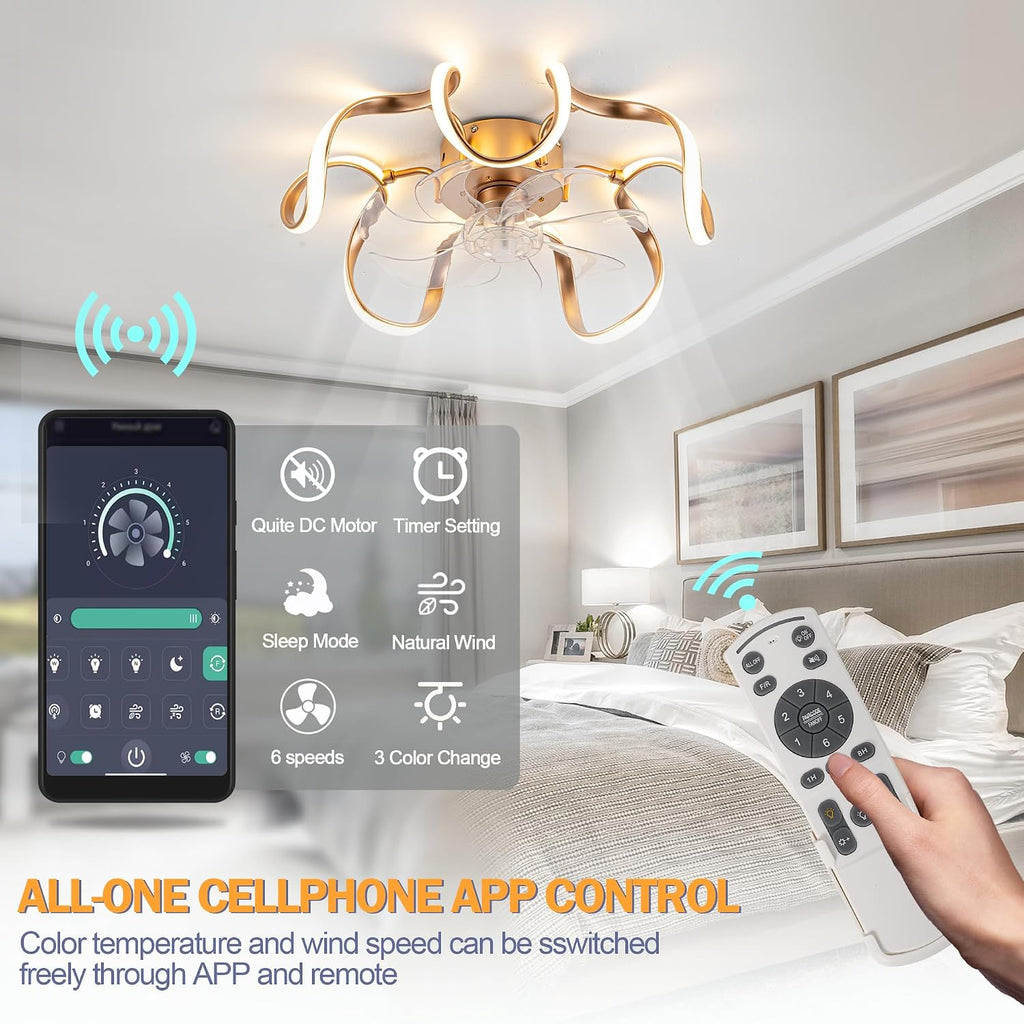 20' Low Profile Flush Mount Ceiling Fans with Memory Function,6 Speeds and 3 Color Lights,Dimmable Light,Ceiling Fan Light with APP and Remote Control for Bedroom,Living Room,Kitchen