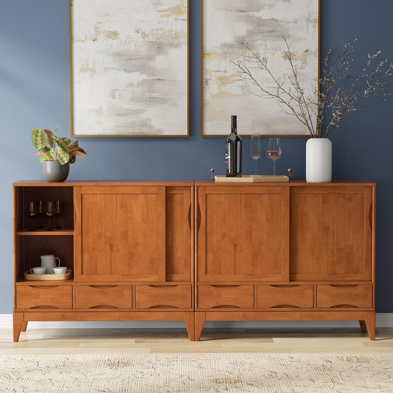 SIMPLIHOME Harper Solid Wood 48 inch Storage Cabinet in Teak Brown (Set of 2) for the Living Room, Entryway and Family Room