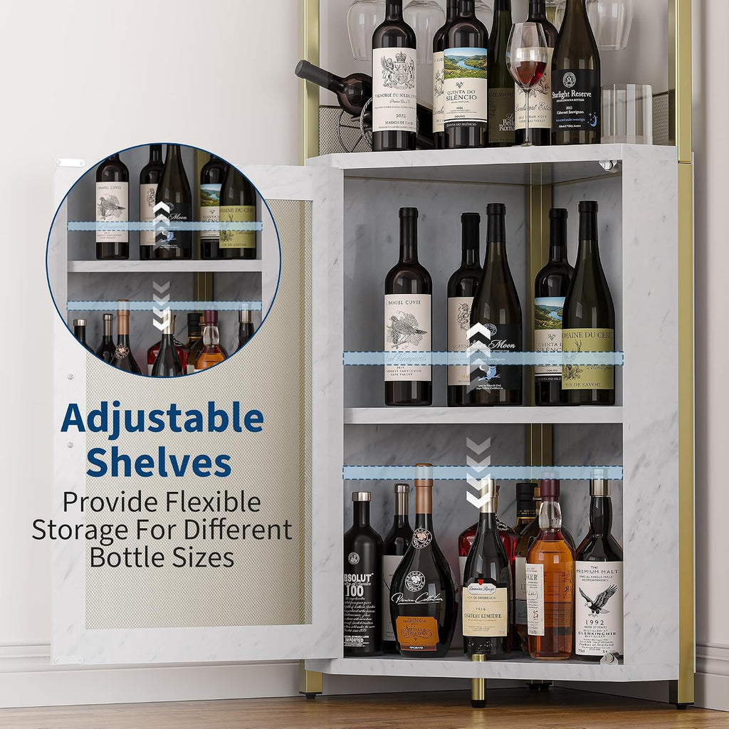 GarveeHome Corner Bar Wine Cabinet with LED Lights, 5-Tier Industrial Wine Cabinet with Glass Holder, Modern Liquor Cabinet with Adjustable Shelf, Home Bar Cabinet with Mesh Door, Gold