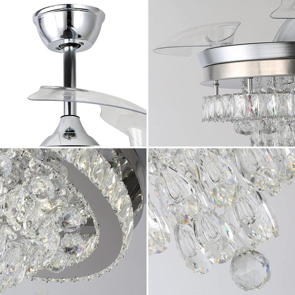 Finktonglan 42' Crystal Fandelier Ceiling Fan with Lights, Retractable Blades, Dimmable 60W LED, Remote & App Control, Quiet Reversible Motor, 6 Speeds & Timer, Downrod Mount for Bedroom/Living Room