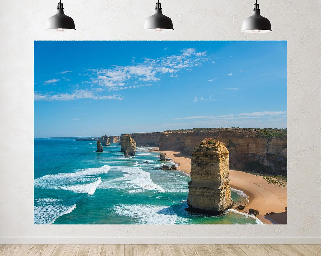 Trykid 20x10ft Coastal Cliffs Sea Stacks Backdrop Turquoise Ocean Sandy Shore Clear Blue Sky Dramatic Seascape Photography Background Nature Tapestry Party Decoration Photo Booth Prop Fabric