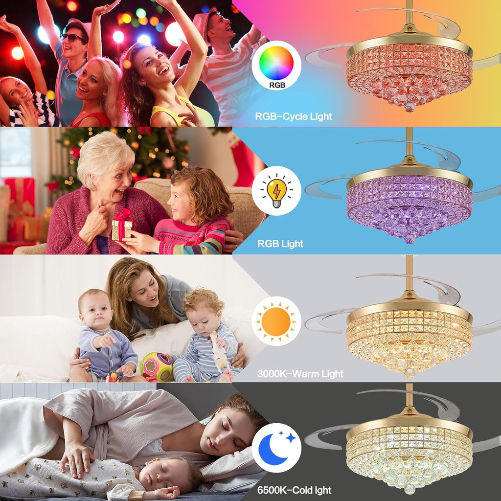 RGB Bluetooth Ceiling Fan with Light & Speaker, Gold, 48in | Retractable Crystal Fandelier, Music Crystal Chandelier Fan, 6-Speed APP Remote Control, Timer