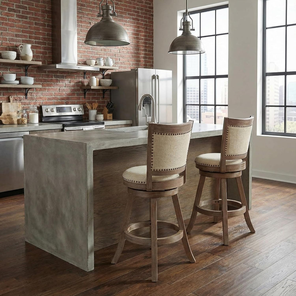 Cortesi Home Marko Stool in Beige Fabric Swivel Seat with Back, 24' Counter Height, Driftwood