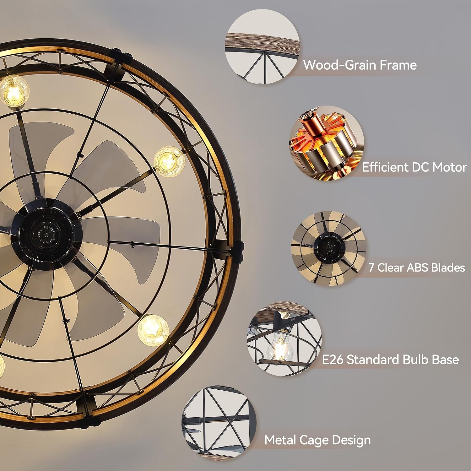 28' Traditional Caged Ceiling Fans with Lights and Remote, 6-Speed Reversible DC Motor, 2 Downrods, Industrial Black and Brown Farmhouse Enclosed Ceiling Fan for Bedroom Living Room