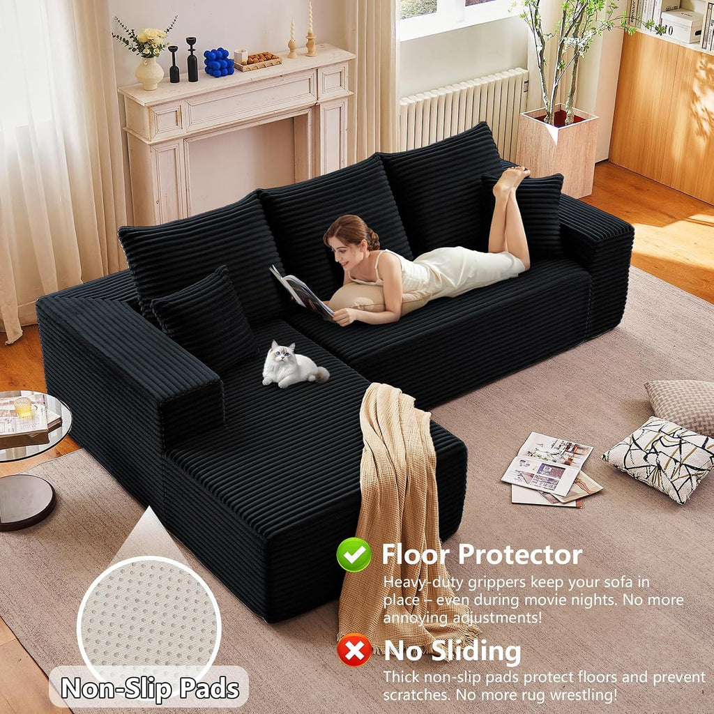 96' Modular Sectional Sofa,Modern Corduroy Cloud Couch,Boneless Couch Upholstered 3-Seater L-Shaped Sofa for Living Room,Couch in a Box No Assembly (Black, Left-Facing Chaise)
