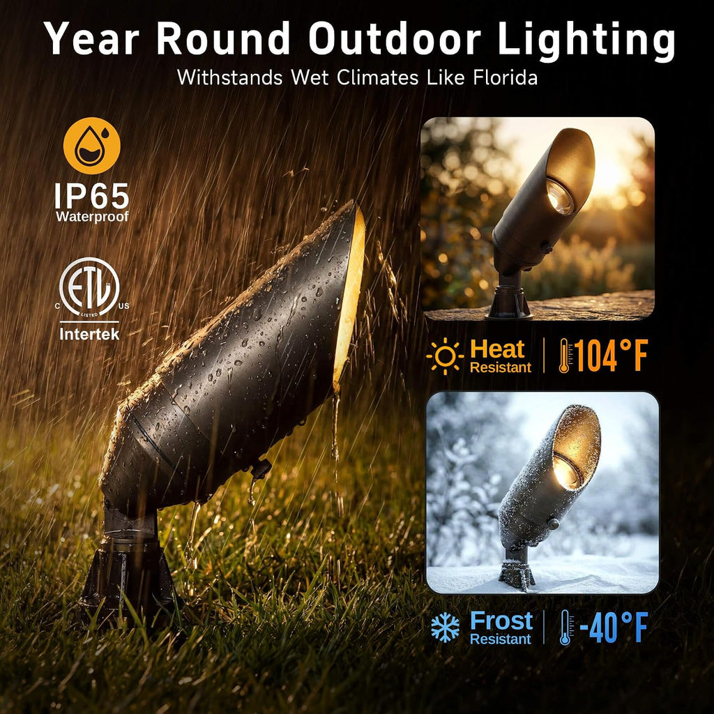 Gardenreet Brass Landscape Lighting - Low Voltage Outdoor Spotlights, Wired LED Uplights 12V, Waterproof Spot Lights, Antique Bronze for Outside Trees with Warm White MR16 Bulb (4 Pack)