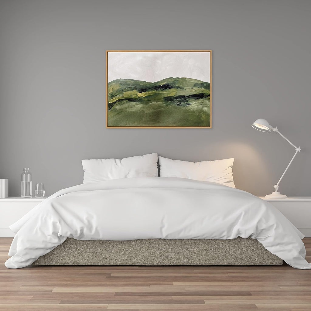 Kate and Laurel Sylvie Green Mountain Landscape Framed Canvas Wall Art by Amy Lighthall; 28x38 Natural; Modern Soft Watercolor Nature Landscape Art for Wall Home Decor