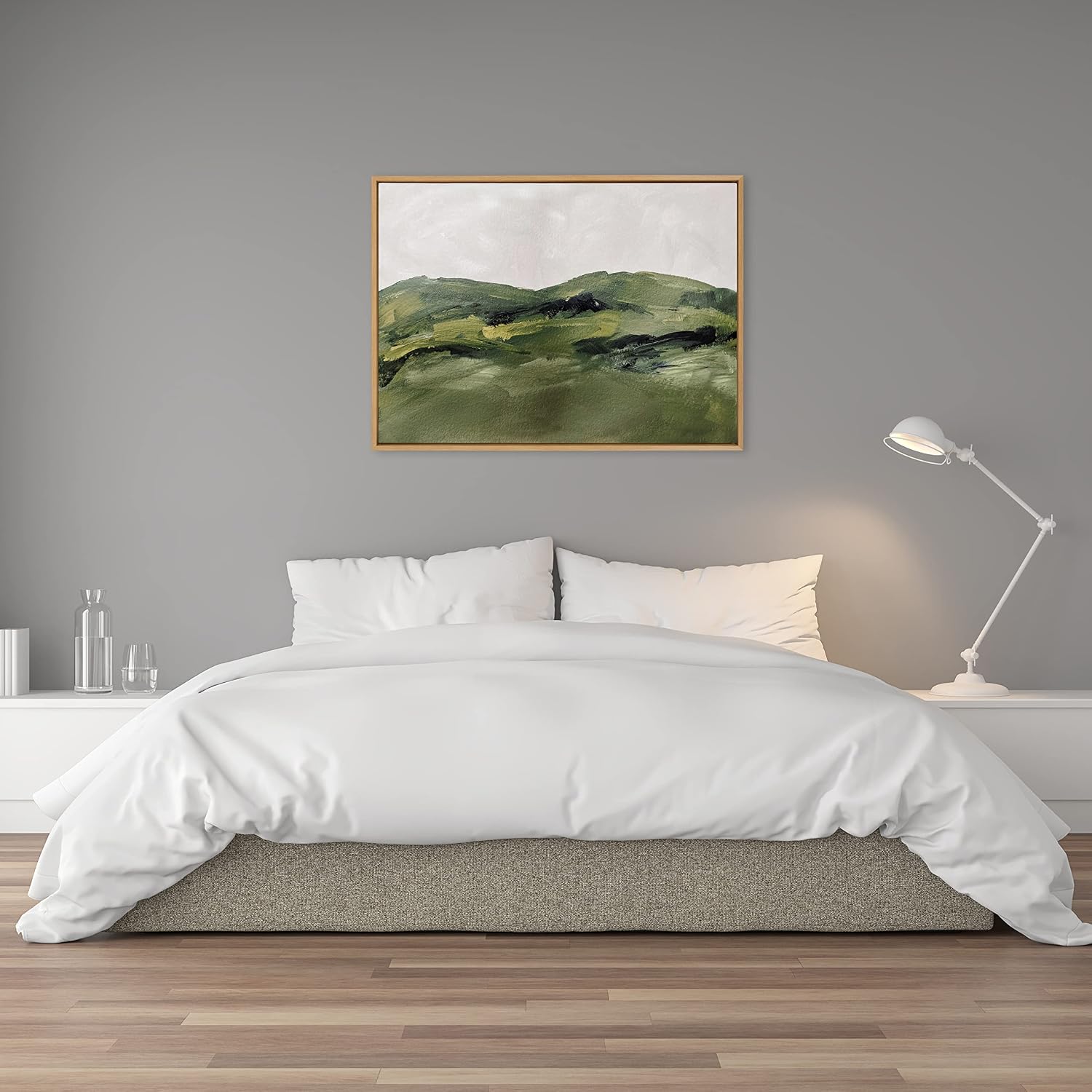 Kate and Laurel Sylvie Green Mountain Landscape Framed Canvas Wall Art by Amy Lighthall; 28x38 Natural; Modern Soft Watercolor Nature Landscape Art for Wall Home Decor