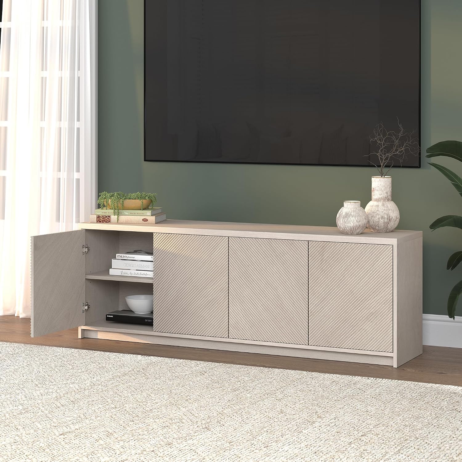 Henn&Hart Rectangular TV Stand for TV's up to 78' in Beech White, for Home, Living Room, Bedroom, Entertainment Room, Office
