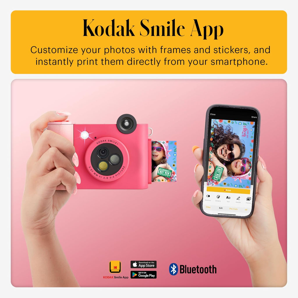 KODAK Smile+ 2-in-1 Digital Instant Print Camera & Printer Gift Bundle + Case + Zink 20pk 2x3 Sticky Back Photo Paper + Album + Sticker Sets + Sticker Frames + Hanging Frames + Markers - Fuchsia