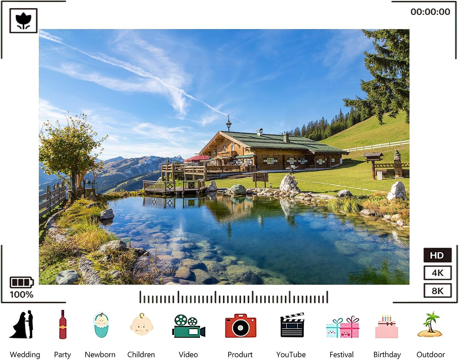 Trykid 20x10ft Alpine Chalet Clear Pond Rolling Hills Backdrop Idyllic Mountain Lodge Scene Photography Background Home Decoration Party Decoration Photo Booth Prop Fabric