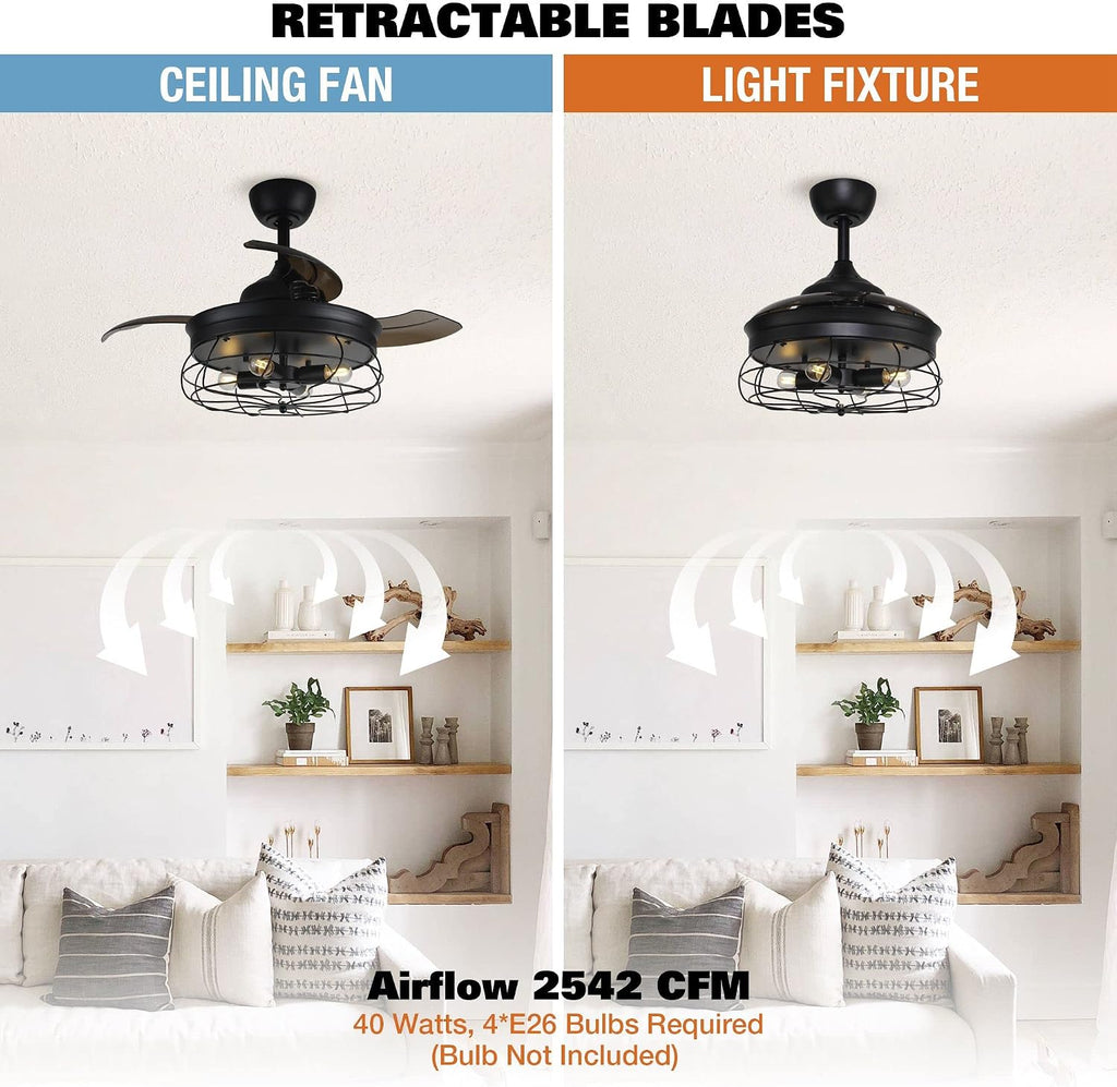 Parrot Uncle Ceiling Fans with Lights and Remote Black Bedroom Ceiling Fan with Light and Retractable Blades, 36 Inch