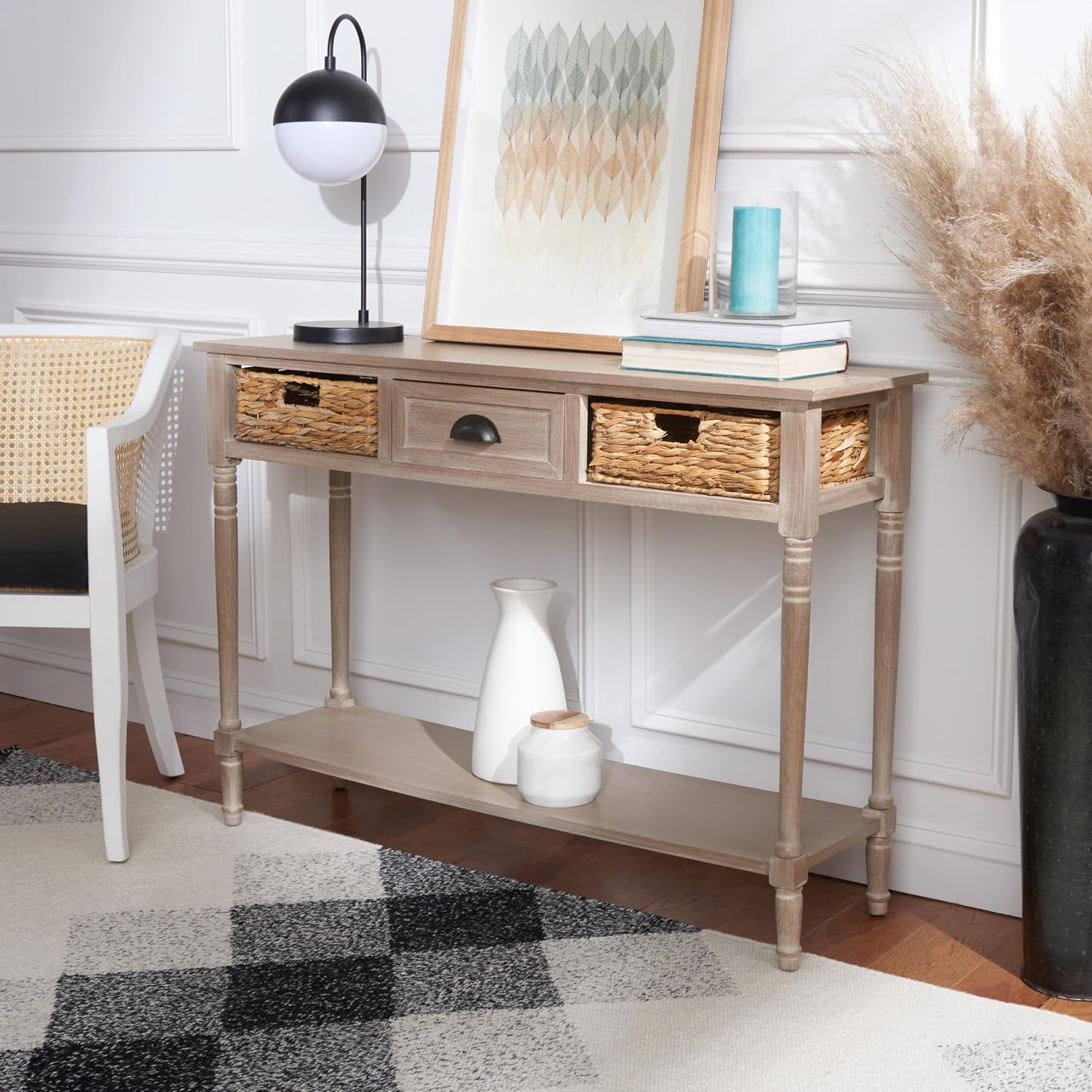 SAFAVIEH Home Collection – Christa White Wash Console Table with Rattan Drawers & Shelf, Coastal Cottage Storage Console, Vintage Design (AMH5737E)