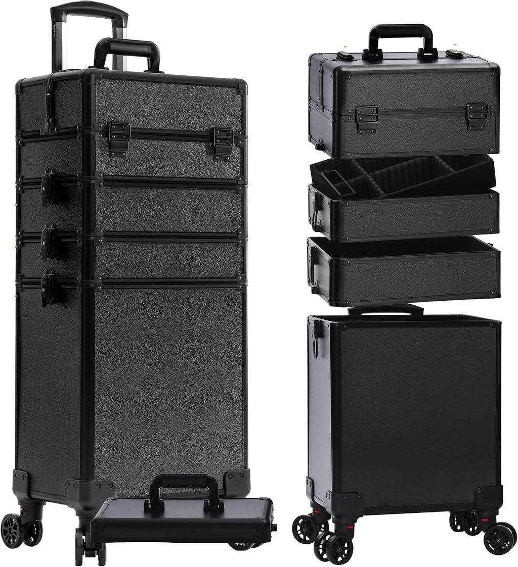 Profesional Rolling Makeup Train Case with Lid, 5 in 1 Cosmetology Case on Wheels, Large Cosmetic Trolley Organizer Travel for Hairstylist Artist Nail Beauty Salon Barber, Black