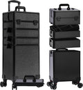 Profesional Rolling Makeup Train Case with Lid, 5 in 1 Cosmetology Case on Wheels, Large Cosmetic Trolley Organizer Travel for Hairstylist Artist Nail Beauty Salon Barber, Black