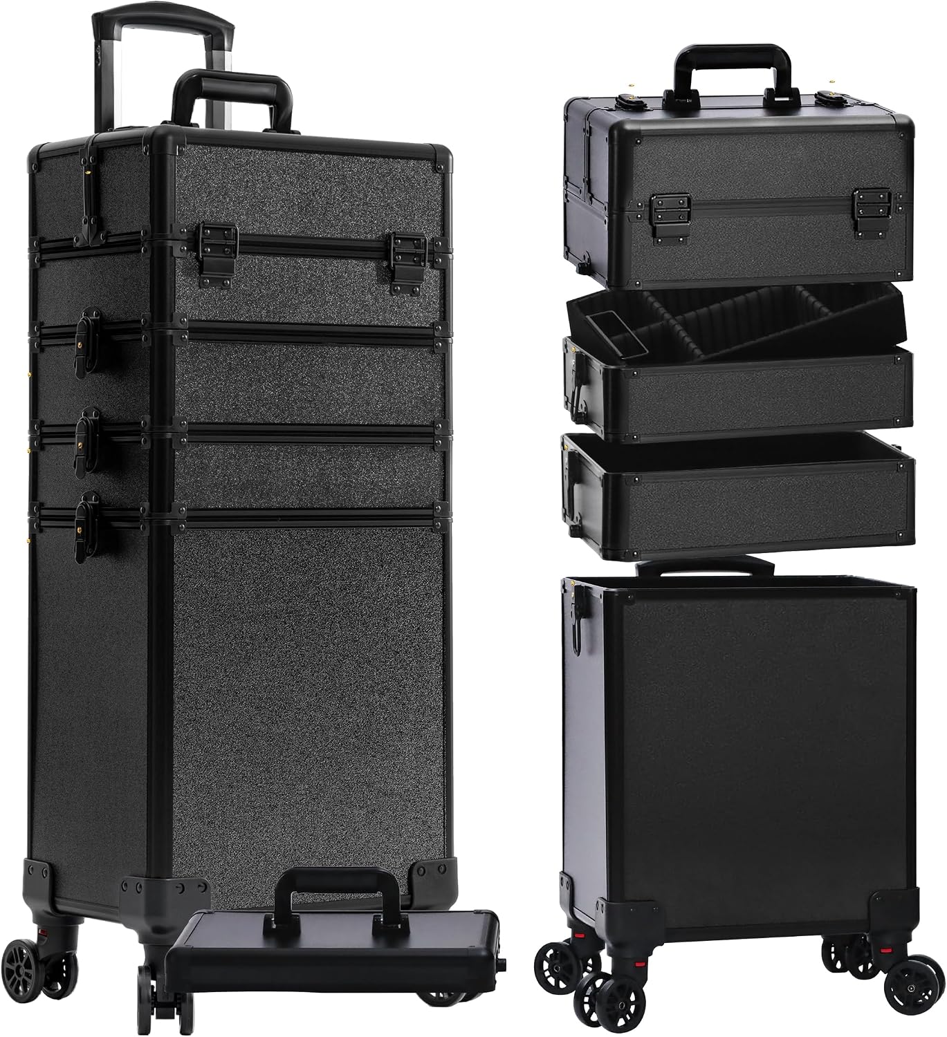 Profesional Rolling Makeup Train Case with Lid, 5 in 1 Cosmetology Case on Wheels, Large Cosmetic Trolley Organizer Travel for Hairstylist Artist Nail Beauty Salon Barber, Black