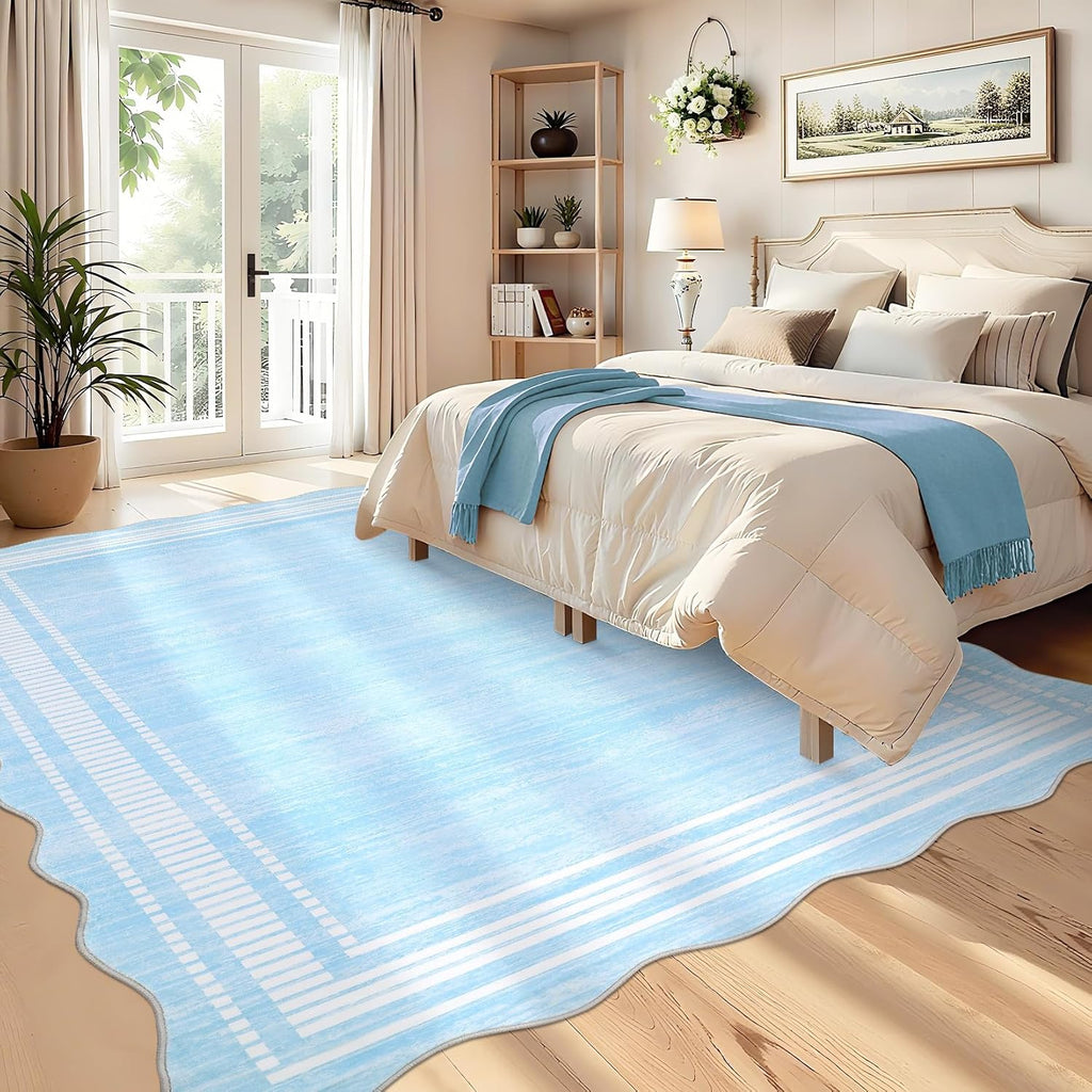 Garvee Modern Scalloped Rug 9x12 Washable Rugs for Living Room, Non-Slip Non-Shedding Faux Wool Soft Carpet, Minimalist Solid Neutral Large Floor Mats for Home Office Decor, Light Blue