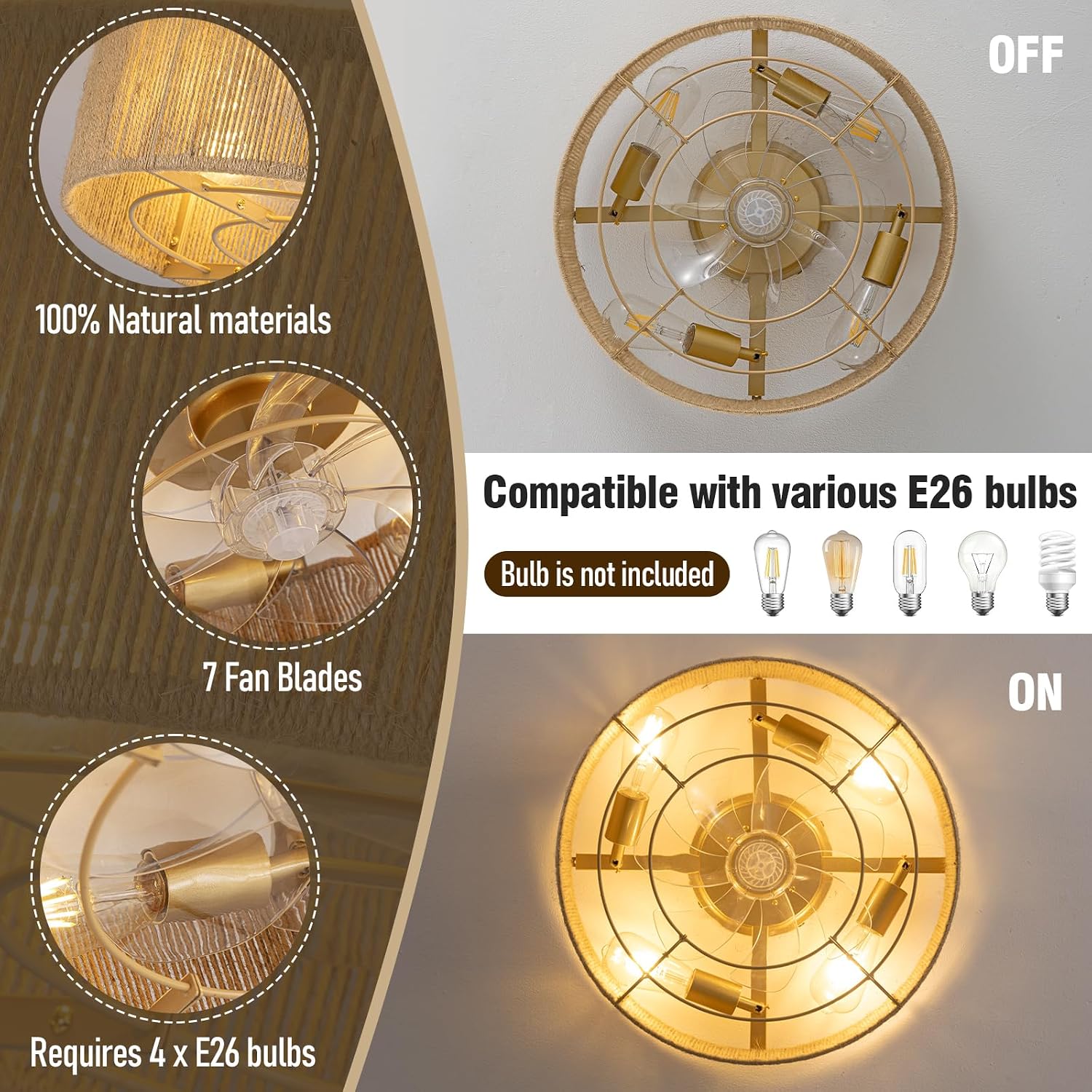 Cage Ceiling Fan with Light,Rattan Ceiling Fan with Light and Remote Control,Enclosed Low Profile Caged Design, 6 Speed Quiet Reversible Motor for Bedroom, Living Room, Porch, Nursery