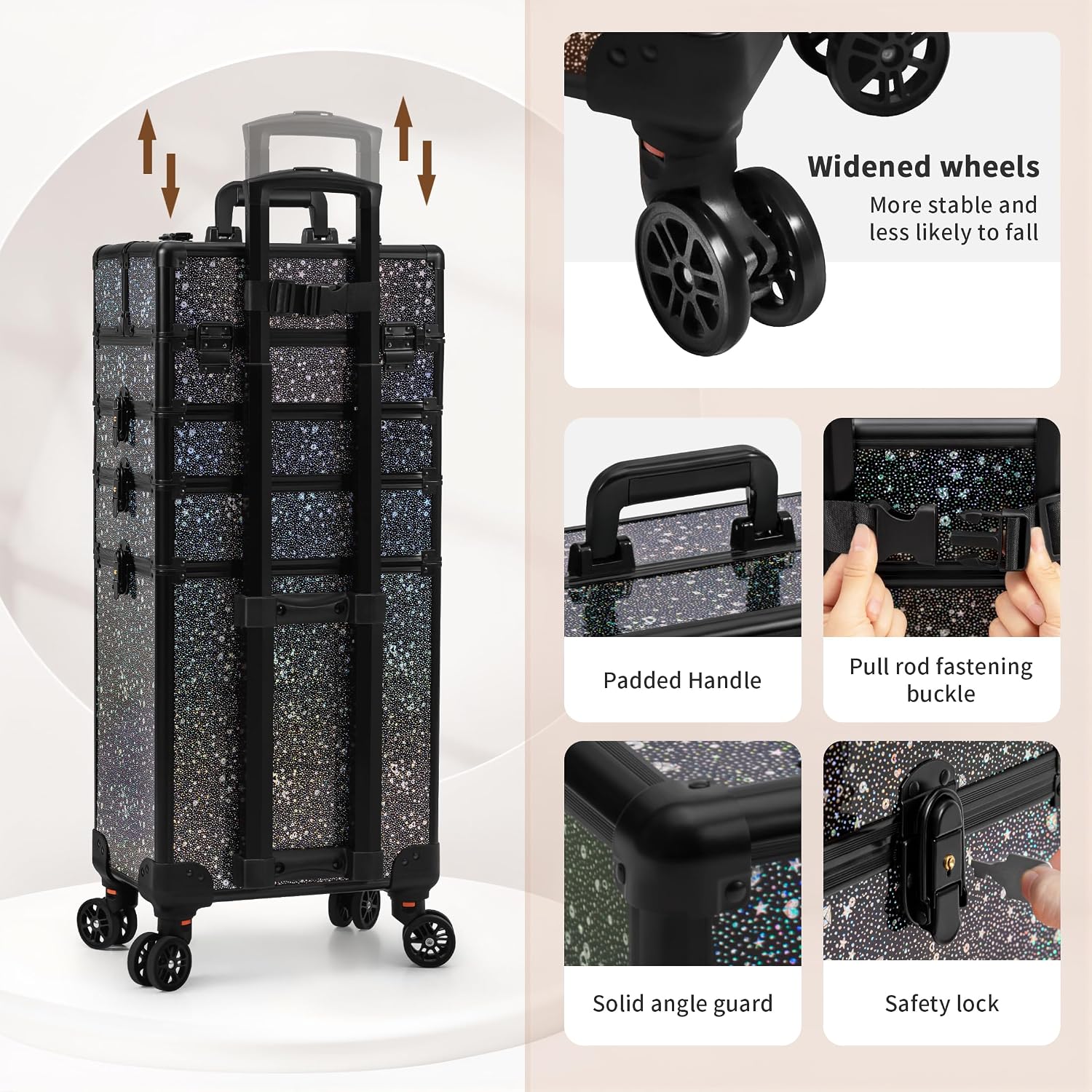 AROUS Rolling Makeup Train Case 5 in 1 Cosmetology Case on Wheels Large Cosmetic Organizer Travel Cart for Hairstylist Artist Nail Beauty Salon Barber,Black