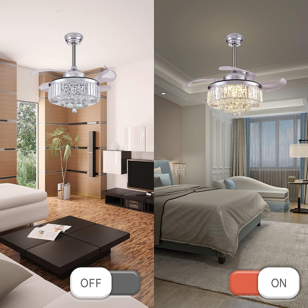 DuMaiWay 48' Chandelier Ceiling Fan with Lights, Fandelier, Retractable Crystal Ceiling Fan Chandelier with Remote Control LED Light for Bedroom Living Room Polished Chrome Silver 6 Speed 3 Light