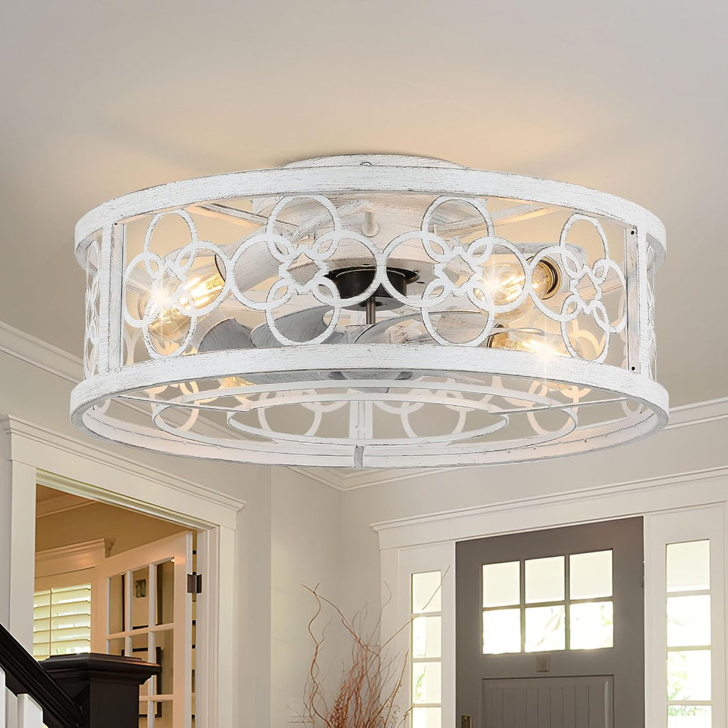 Dawn Whisper 20 Inch Caged Ceiling Fans with Lights Flush Mount 6 Speed Reversible and Quiet Motor Small Rustic Farmhouse Ceiling Fan Light Fixture for Bedroom Kitchen(Retro White)