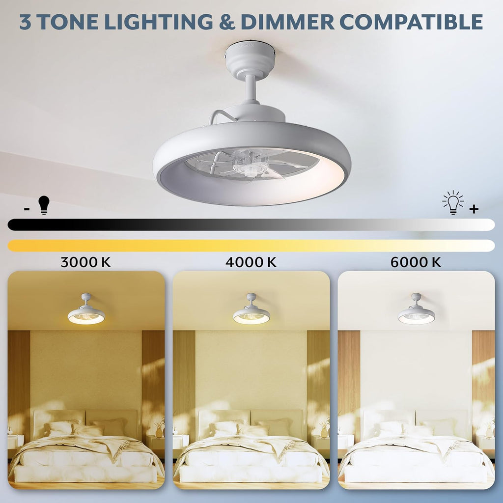 Oval AIR Loren 20' Small Smart Ceiling Fan with Light, Semi Flush Mount, Quiet 6-Speed Reversible Motor, Dimmable LED, Adjustable CCT, App & Remote Control, Minimalist, White AIR8002D