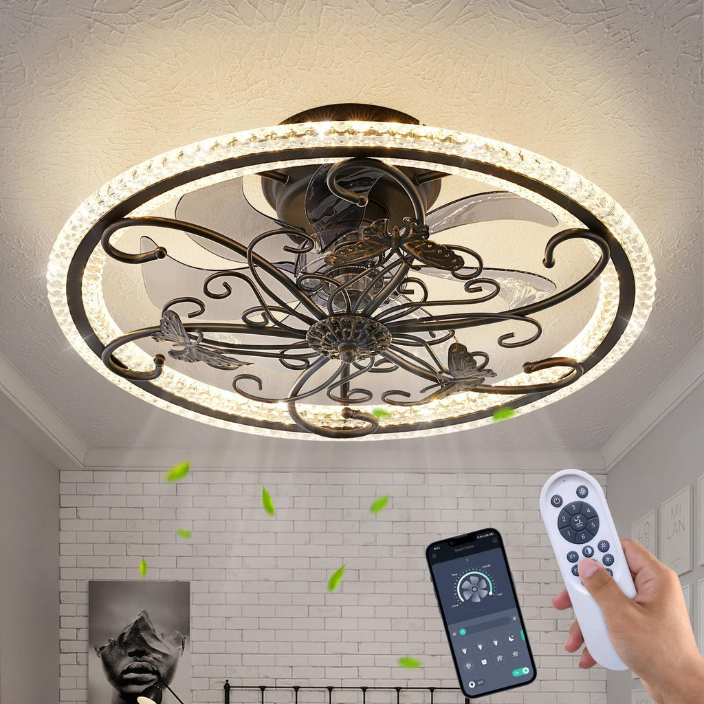 Retro Black Ceiling Fan with Lights Remote Control, 6 Speeds 3 Color Industrial Caged Ceiling Fan with Light for Kitchen Bedroom Living Room