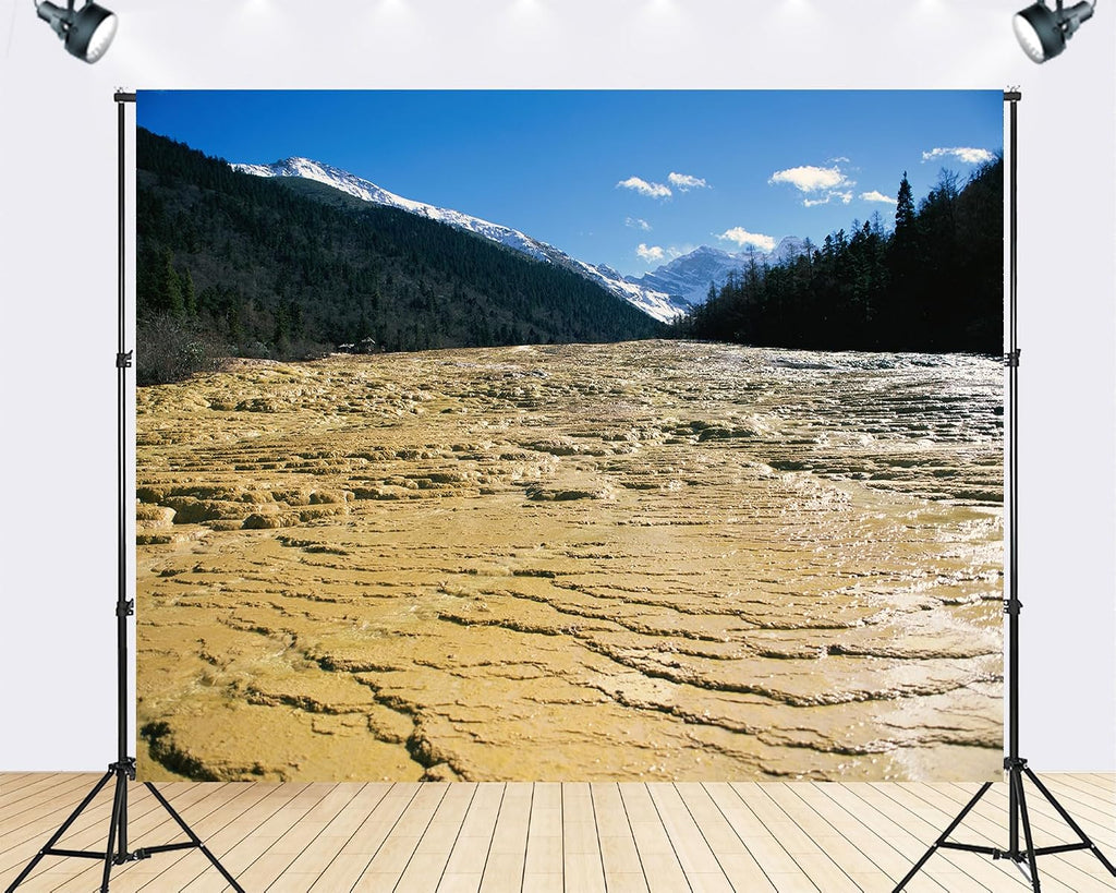 Trykid 20x10ft Yellow Travertine Terraces Backdrop Snow Capped Peaks Dense Forests Clear Blue Sky Photography Background Countryside Wedding Event Party Decoration Photo Booth Prop Fabric