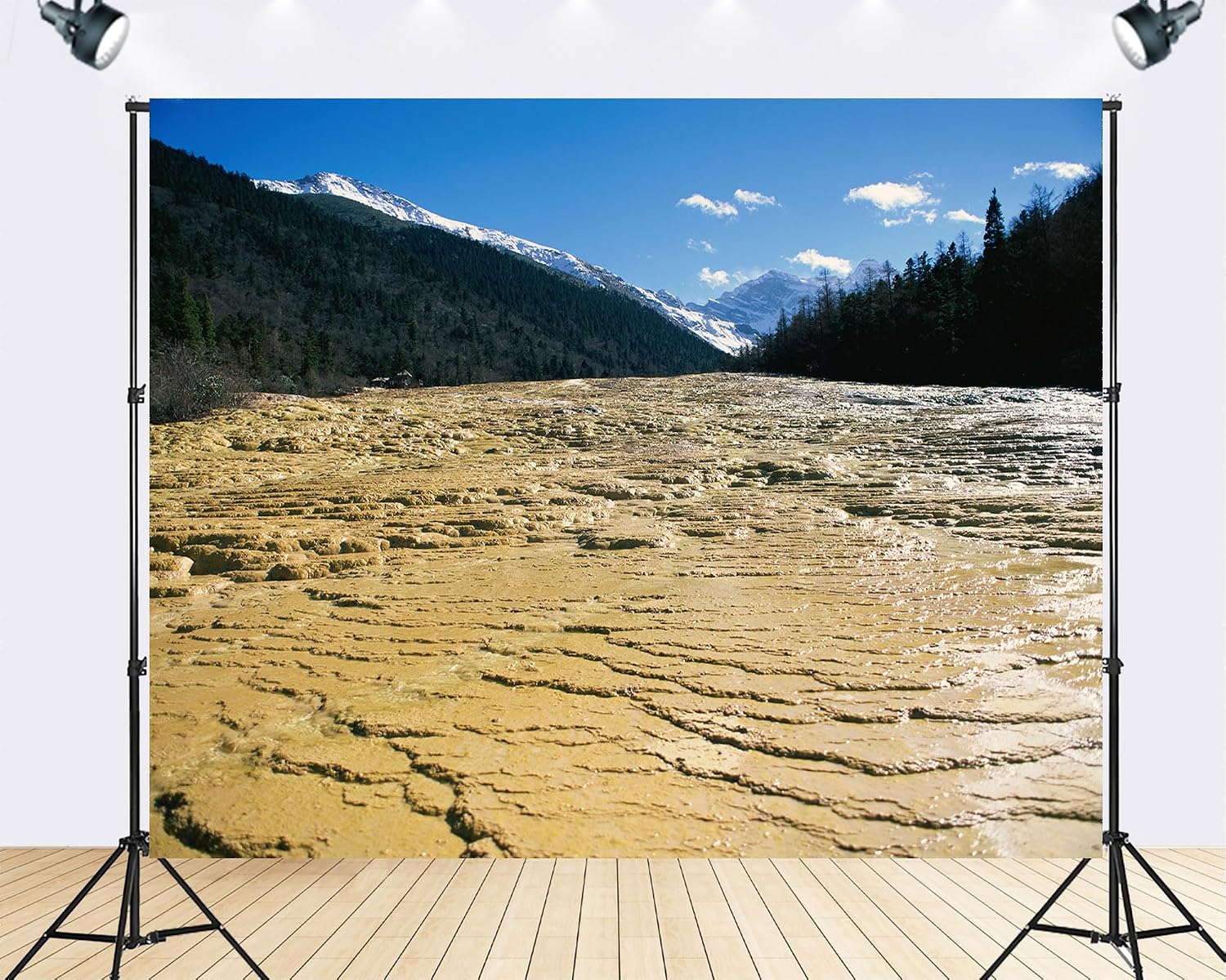 Trykid 20x10ft Yellow Travertine Terraces Backdrop Snow Capped Peaks Dense Forests Clear Blue Sky Photography Background Countryside Wedding Event Party Decoration Photo Booth Prop Fabric