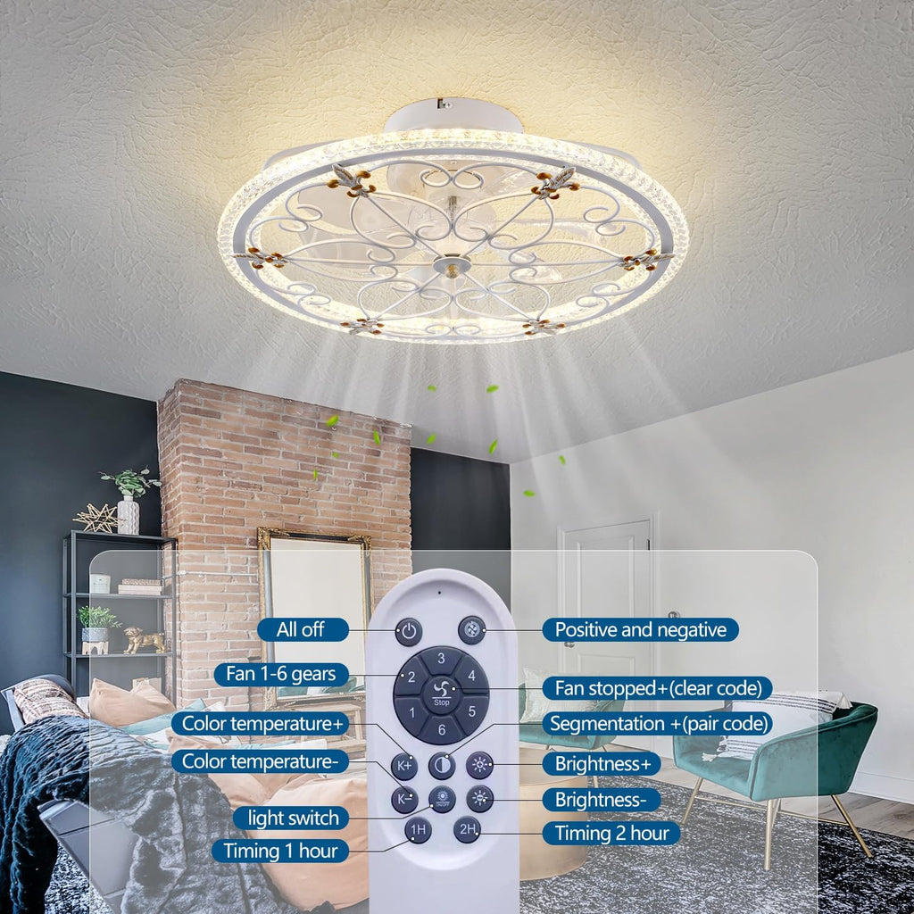 White Caged Ceiling Fan with Lights Remote Control, Farmhouse Industrial Ceiling Fan with Light for Kitchen Bedroom Living Room