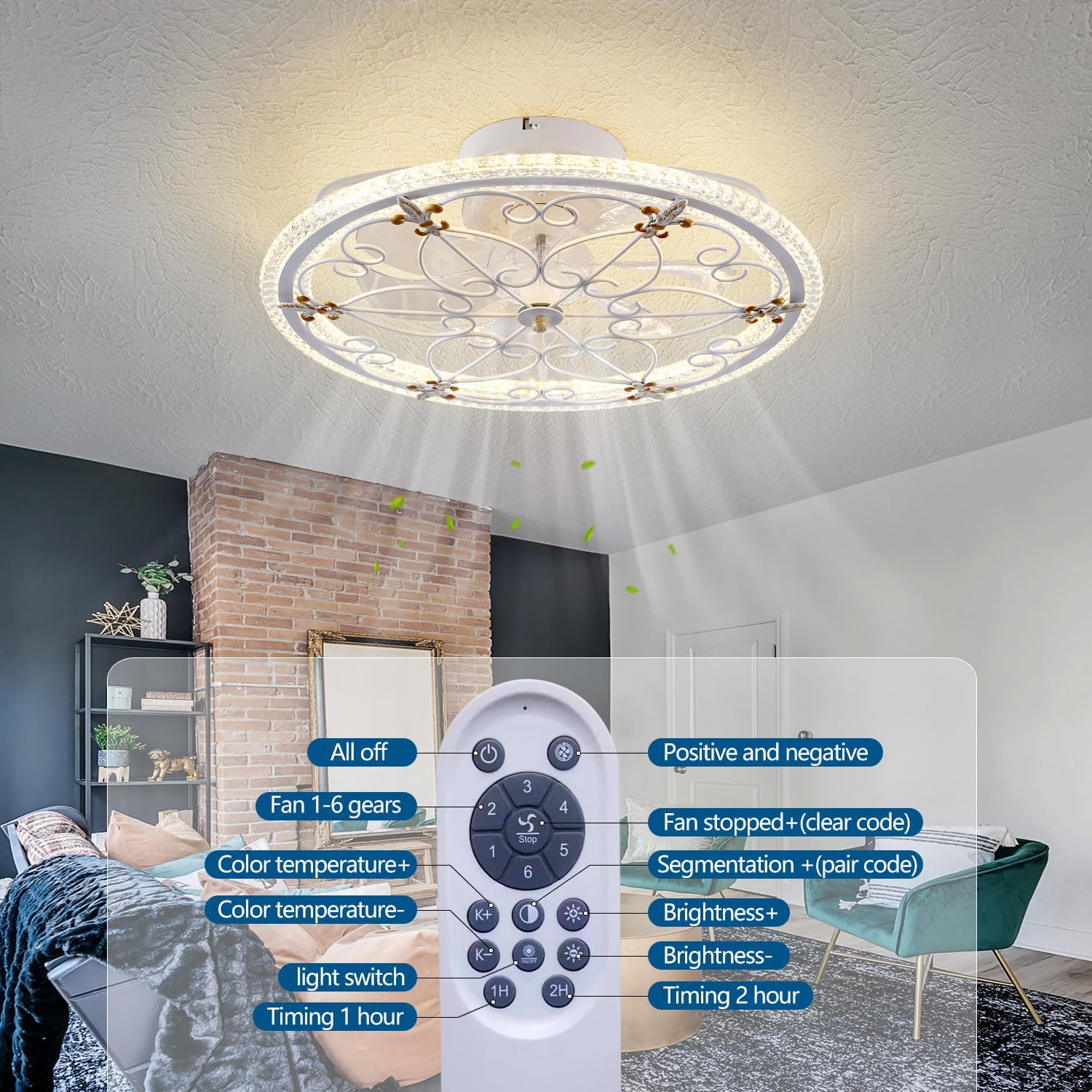 White Caged Ceiling Fan with Lights Remote Control, Farmhouse Industrial Ceiling Fan with Light for Kitchen Bedroom Living Room