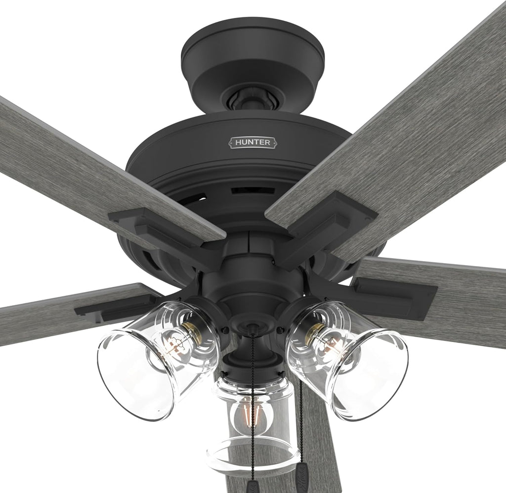 Hunter Fan 52 Inch Matte Black Ceiling Fan with Light and Pull Chain for Bedroom, Dining Room, Kitchen, Office (Renewed)