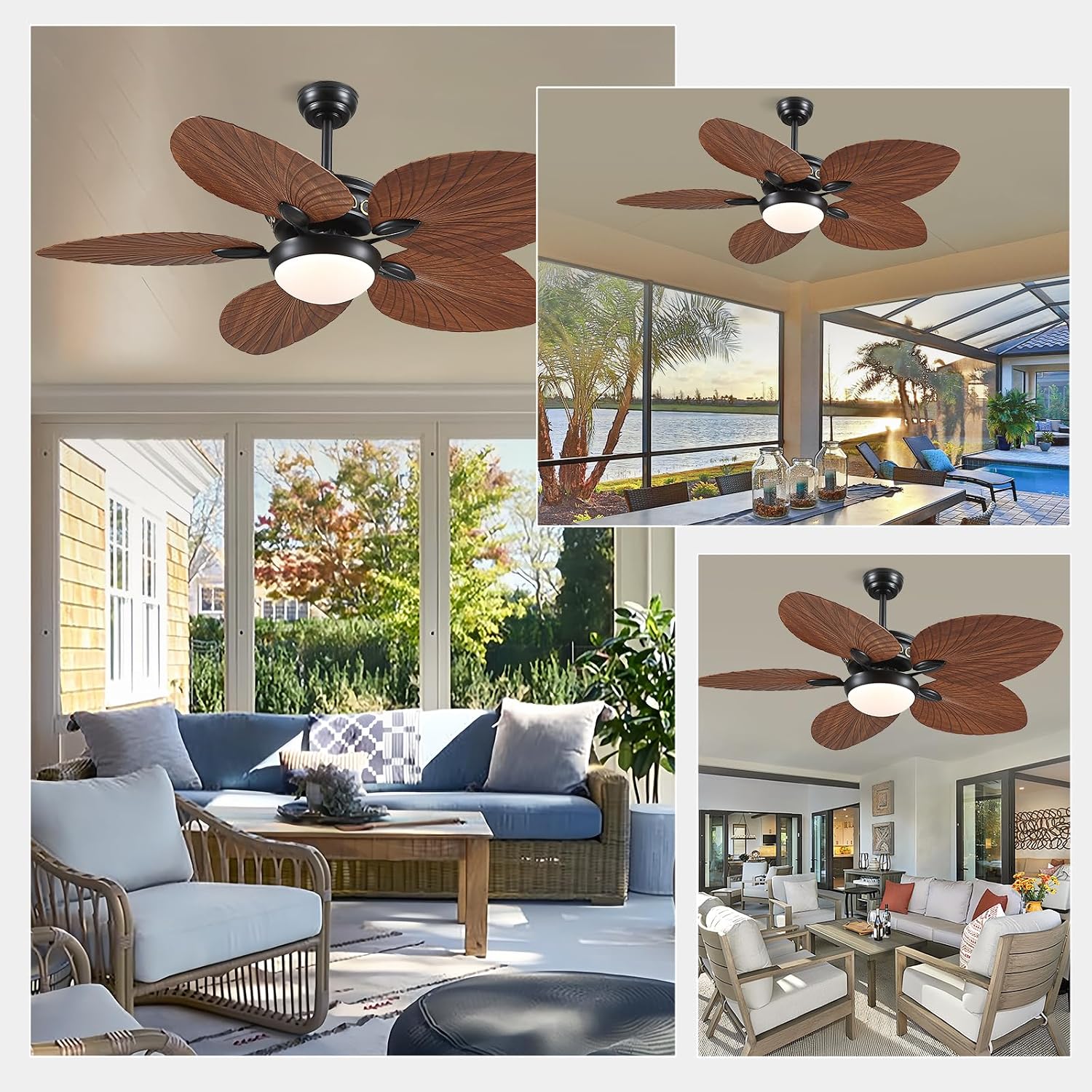 Wiviniya 52 Inch Tropical Ceiling Fans with Lights, Palm Leaf Outdoor Ceiling Fan with Light for Patios Porch Bedroom, Remote/APP Control, Reversible Quiet DC Motor, Dimmable LED, Brown