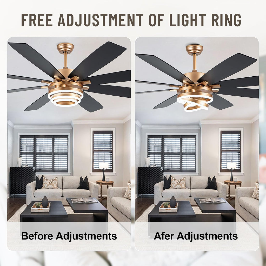 72'' Large Ceiling Fans with Lights and Remote, Indoor/Outdoor Gold Chandelier Fan with DIY Rings LED,Fandelier Ceiling Fans with Lights for Living Room/Porch/Patio