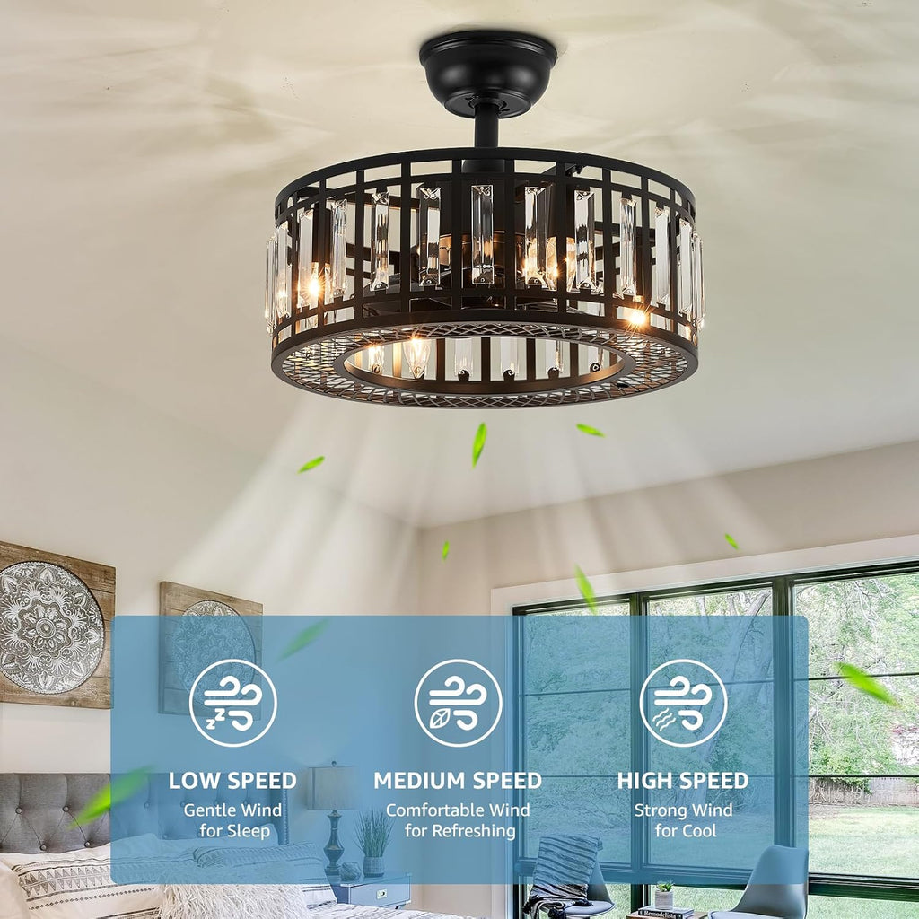 18' Black Crystal Caged Ceiling Fan with Light and Remote, Industrial Caged Chandelier Fan 8-Blade Fandelier Modern Enclosed Ceiling Fan for Kitchen Dining Room Living Room