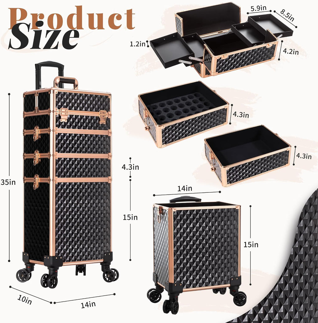 AROUS Rolling Makeup Train Case 4 in 1 Cosmetology Case on Wheels Large Storage Cosmetic Trolley with Key Salon Barber Case Traveling Cart Trunk,Gold&Black