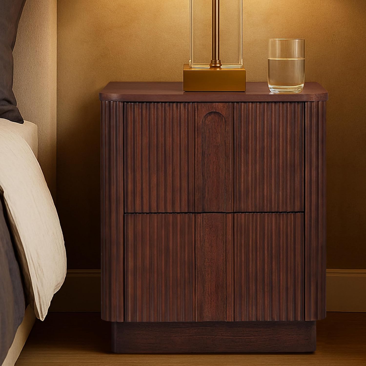 Teamson Home 20'' W Modern Storage 2-Drawer Push to Open Nightstand with Solid Wood Frame, Bedside Table Bedroom Furniture with Reeding Pattern in Scandinavian Style, Walnut