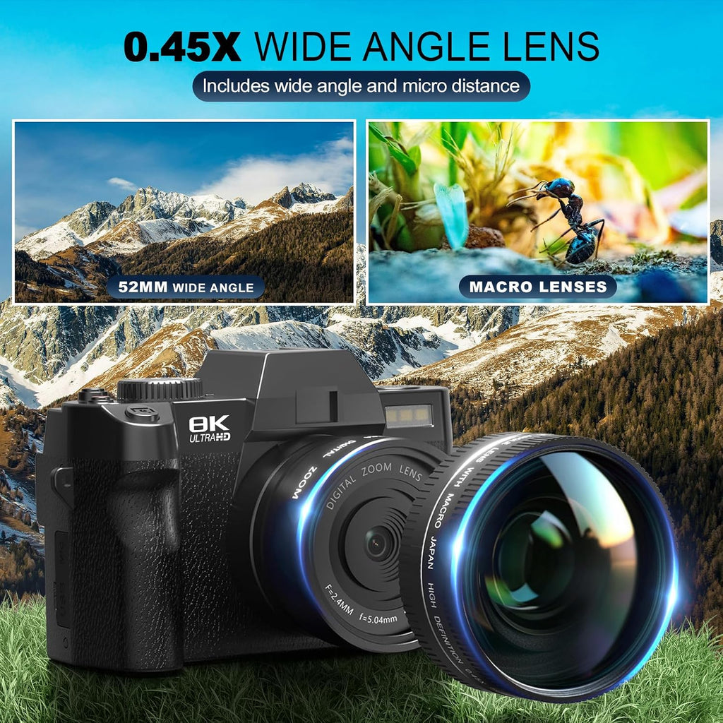 8K Digital Cameras for Photography, 64MP Vlogging Camera with 180°Flip Screen，2 Batteries, 64GB TF Card，16X Zoom, WiFi, 3 Color Filters,Microphone, Tripod, Wide & Macro Lens Kit (Black)