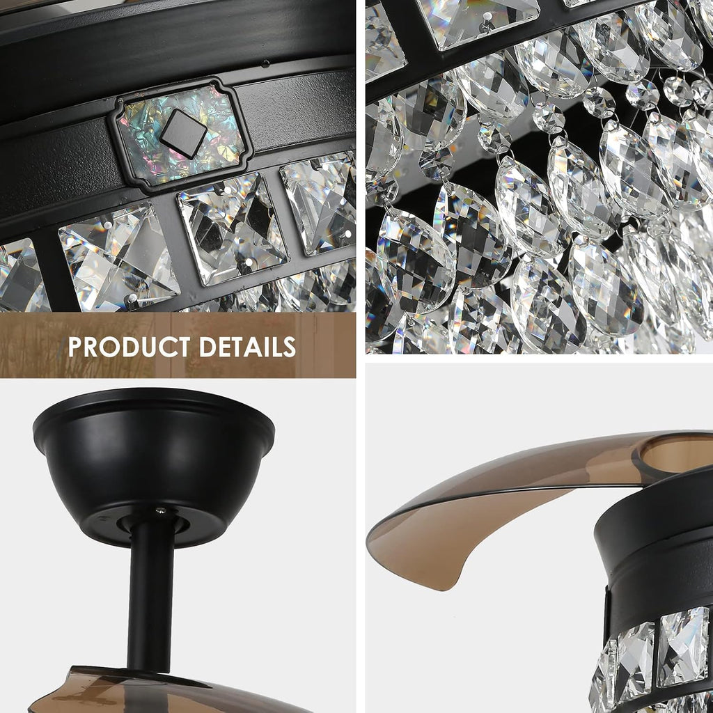 42' Black Crystal Ceiling Fan with Lights, Modern Dimmable Fandelier with Remote, LED Retractable Blades 3-Color with Memory Invisible Crystal Chandelier Fan for Living Room Dining Room