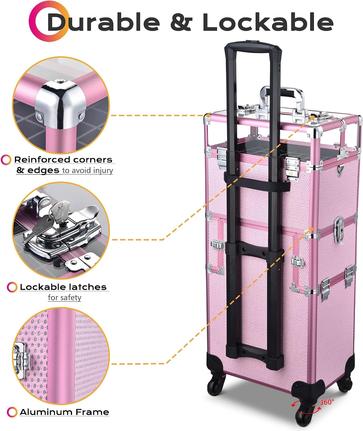 BYOOTIQUE 2in1 Nail Polish Organizer Rolling Makeup Train Case Manicure Cosmetic Trolley Travel Organizer Nail Case with Clear Lid Extendable Trays 4 removable wheels 54 Slots (Pink)
