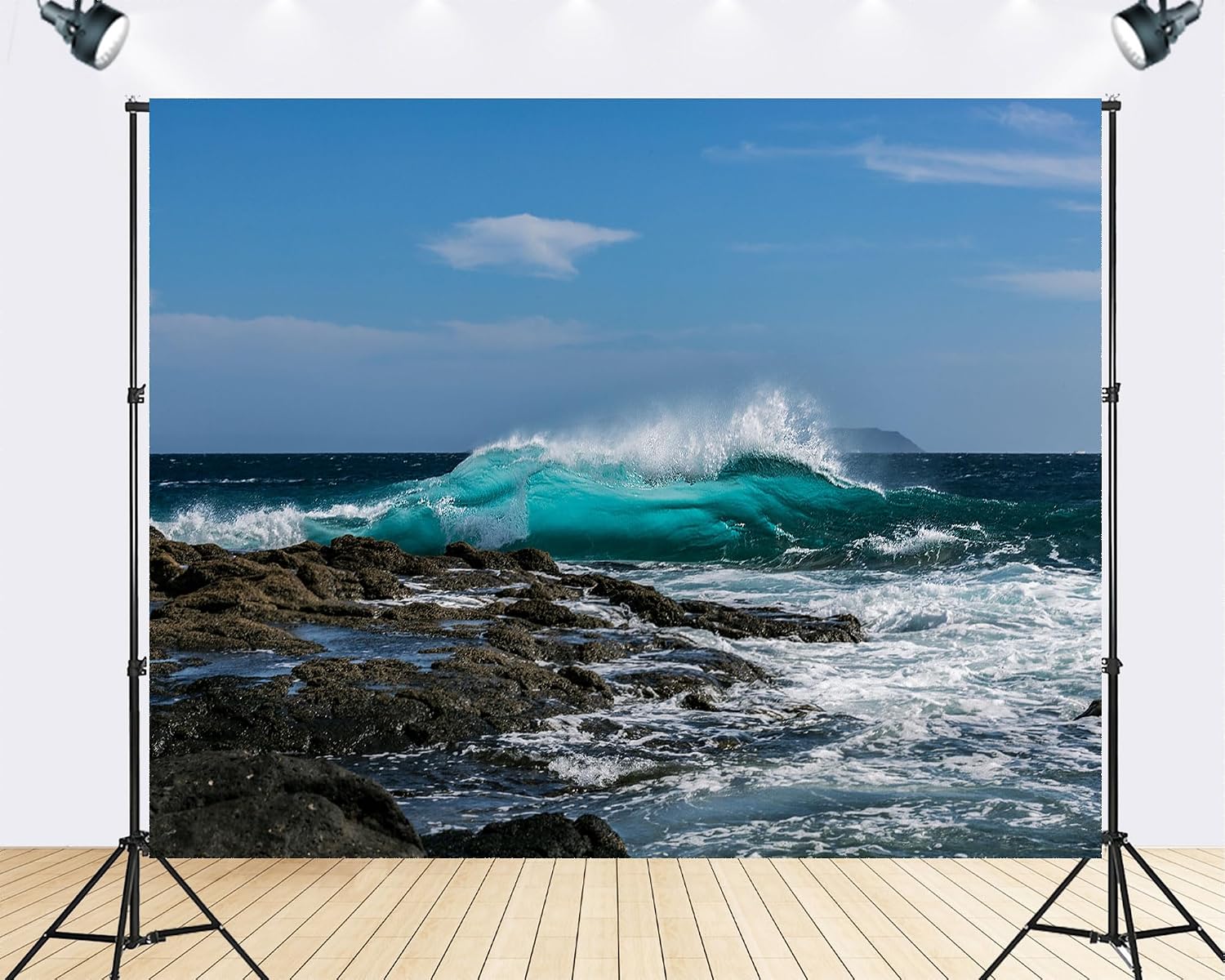 Trykid 20x10ft Turquoise Wave Backdrop Crashing Ocean Foam Dark Rocks Clear Blue Sky Photography Background Nature Tapestry Party Decoration Photo Booth Prop Fabric
