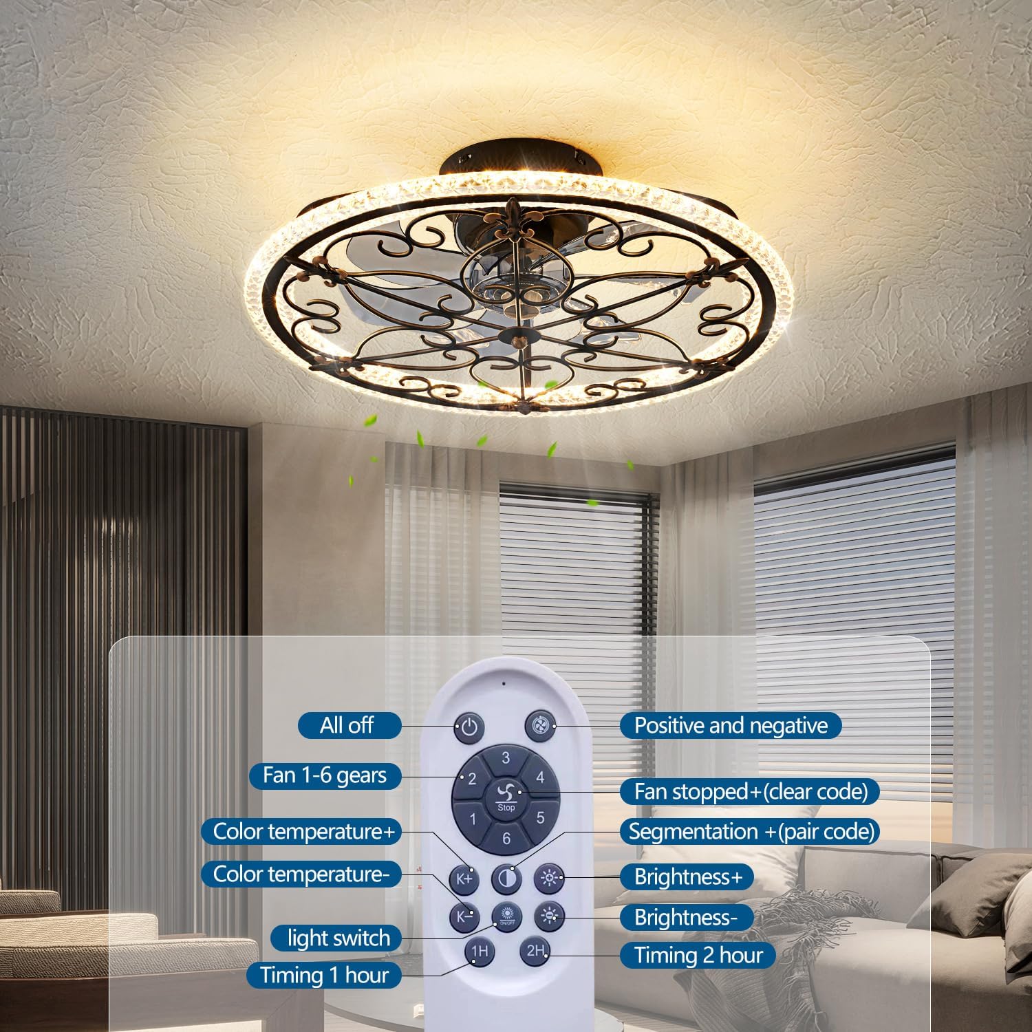 Caged Ceiling Fan with Lights Remote Control, 6 Speeds 3 Color Farmhouse Industrial Ceiling Fan with Light for Kitchen Bedroom Living Room