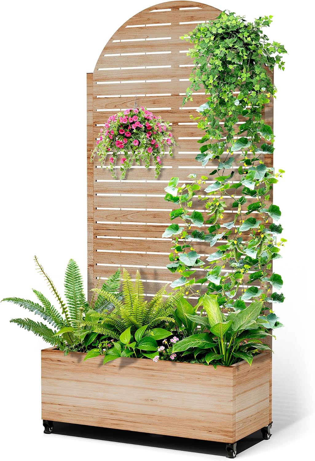 Metal Raised Garden Bed with Trellis, 2-in-1 Planter Box & Privacy Screen for Climbing Plants, Outdoor Standing Flower Bed with Drainage Holes, 35.4'L x 15.7'W x 70.1'H, Acacia Wood Grain-Louvered