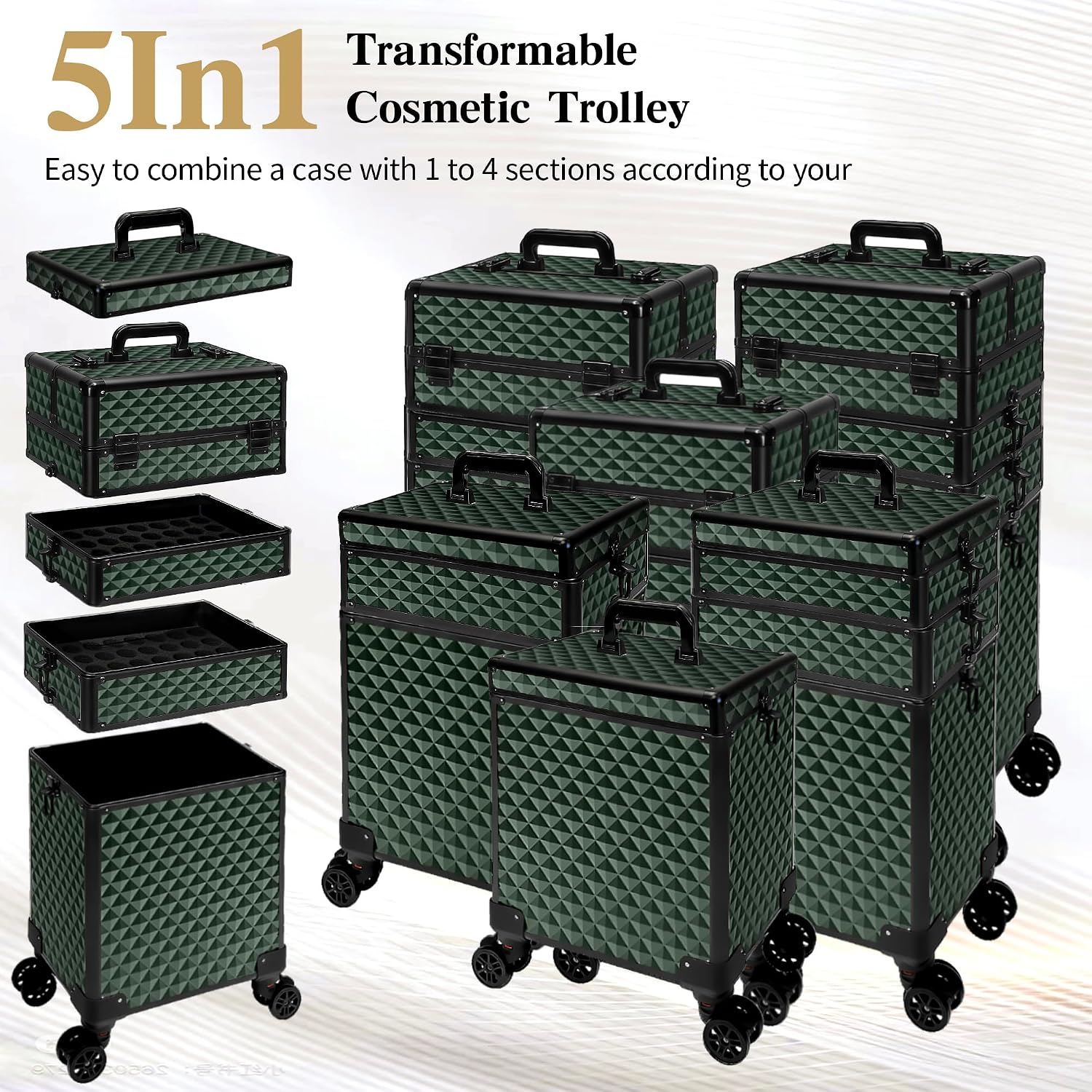 5 in 1 Rolling Makeup Train Case on Wheels Large Cosmetic Organizer Travel Cart for Women Beauty Salon Barber Hairstylist Green