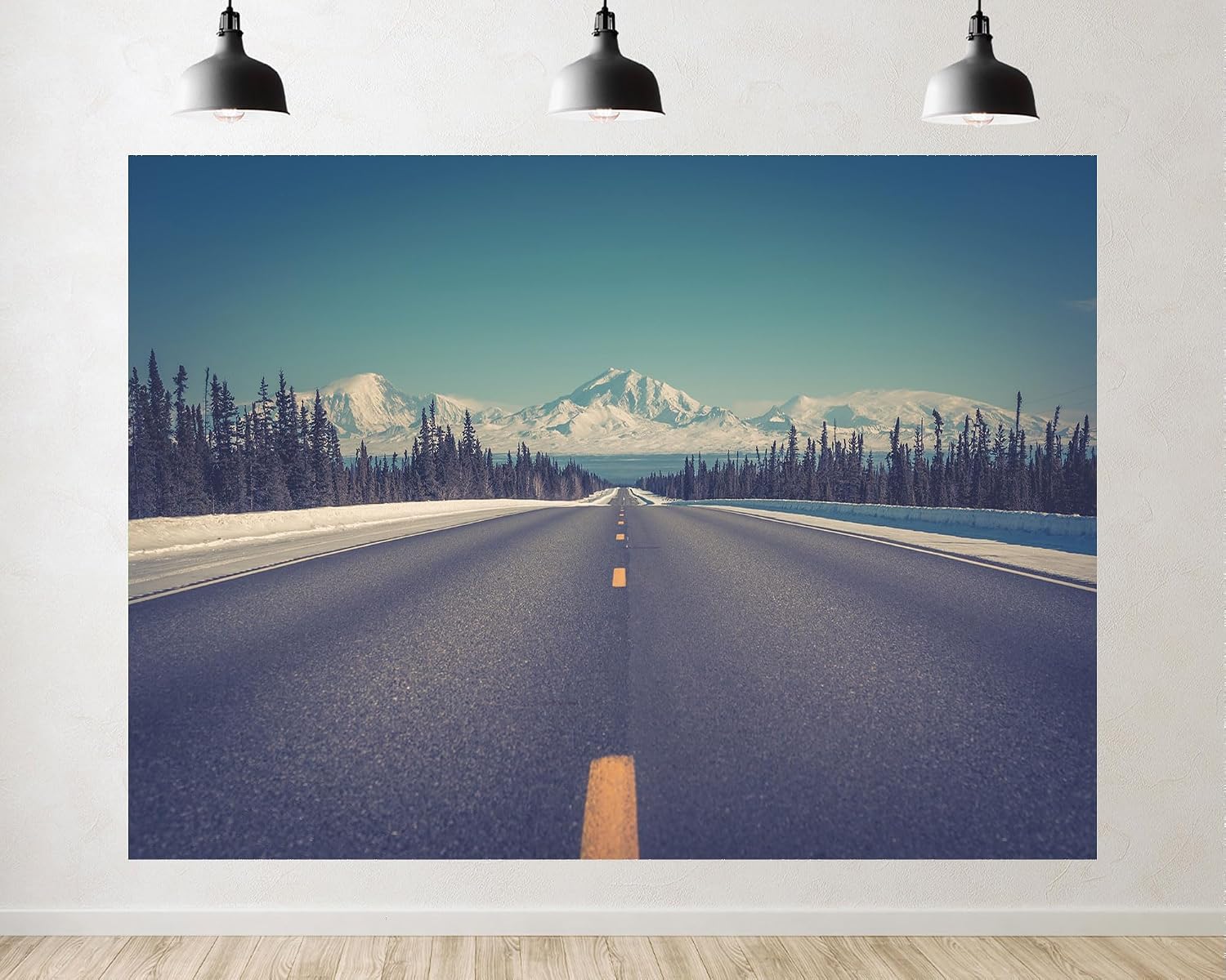Trykid 20x10ft Long Road Backdrop Snow Capped Mountains Dense Evergreens Clear Sky Straight Highway Serene Landscape Photography Background Nature Party Decoration Photo Booth Prop Fabric