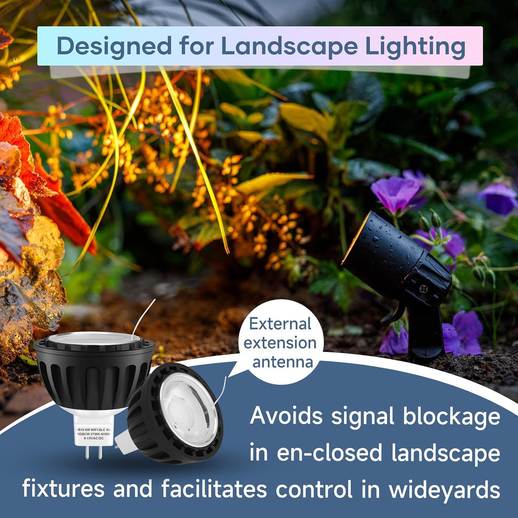 Gardencoin MR16 LED Bulb Color Changing, RGBCW Smart GU5.3 LED Bulbs Dimmable, 6W 12V Bi-Pin Base, Spotlight Bulbs Replacement for Halloween & Christmas Outdoor, WiFi Bluetooth Control (6 Pack)