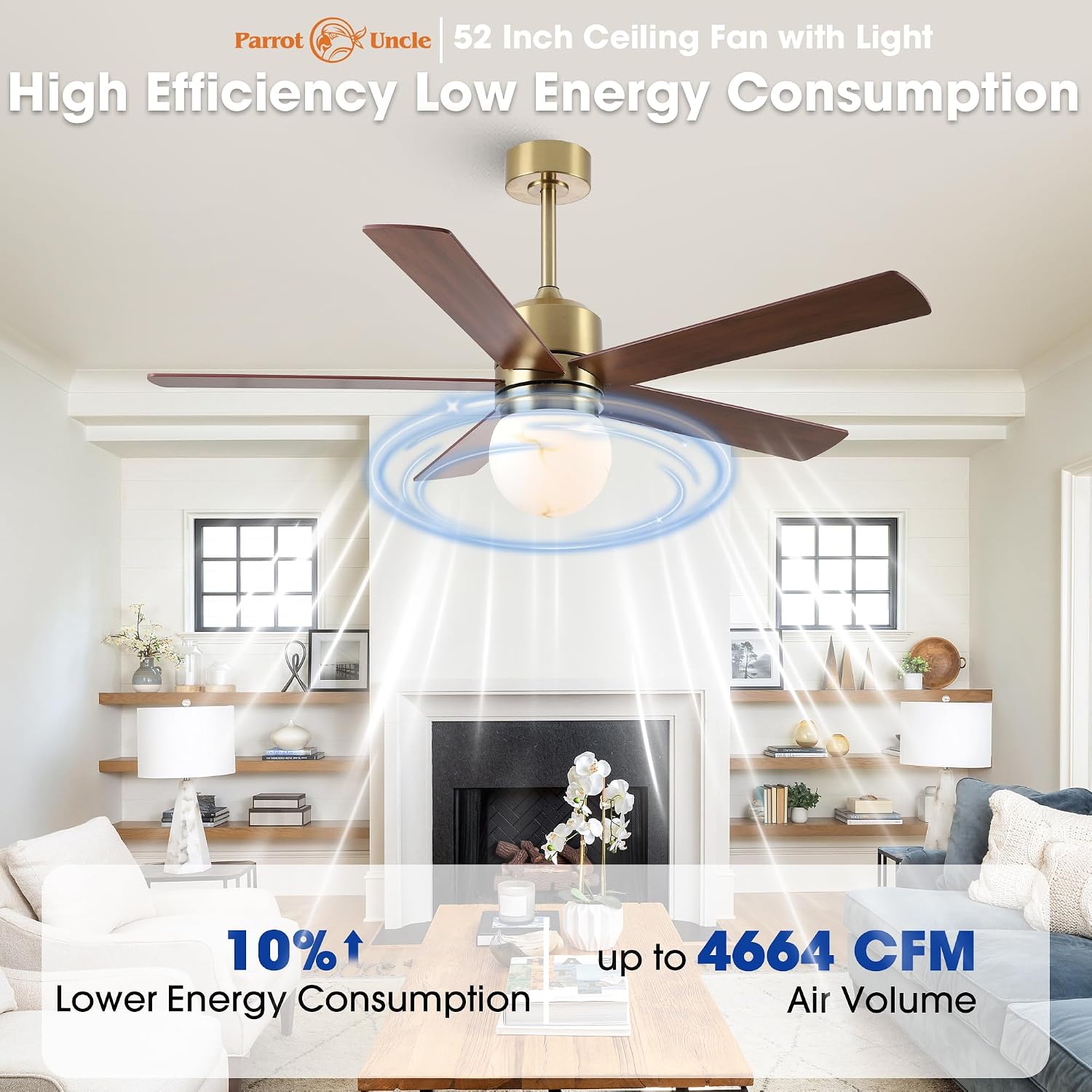 Gold Ceiling Fans with Lights and Remote, 52 Inch Rustic Ceiling Fan with Light for Bedroom, Chandelier Ceiling Fans for Living Room Indoor Outdoor, 6-Speed Reversible DC Motor, Dimmable LED 3CCT