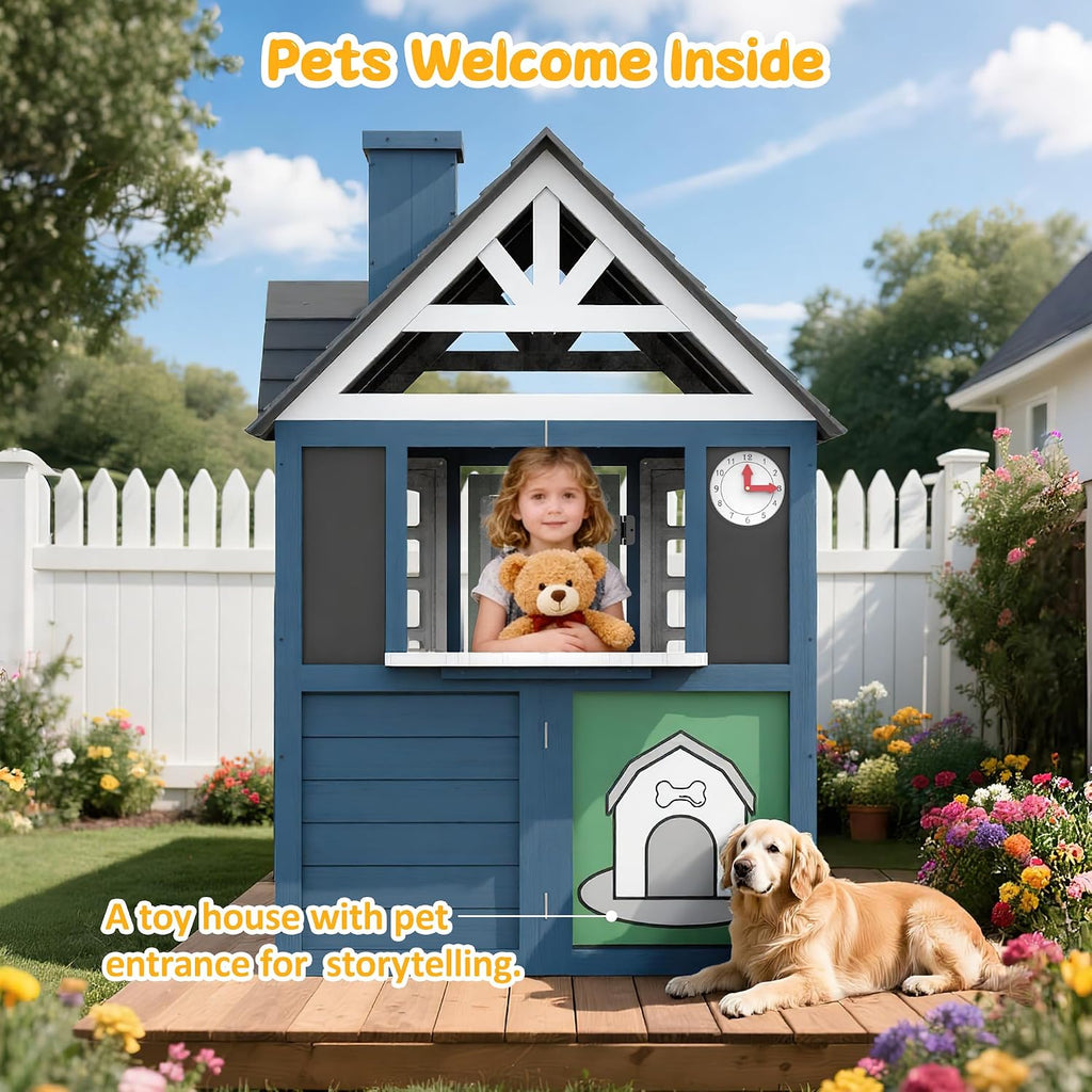 Kids Playhouse Outdoor,Cedar Gray Wooden Play House for Kids Ages 3-8,Interactive Doorbell, Kitchen Counter with Utensils, Sink, Window Boxes for Flowers (Blue)